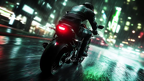 Motorcycle slices neon city rain, cinematic night speed.