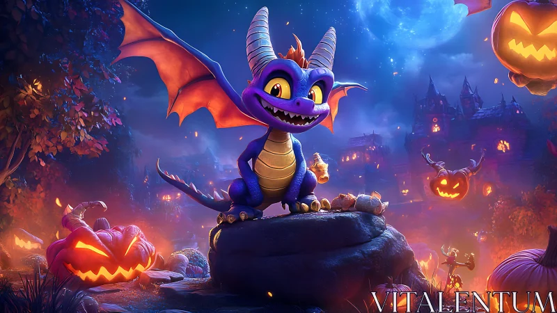 Cartoon purple dragon on rock in glowing Halloween landscape