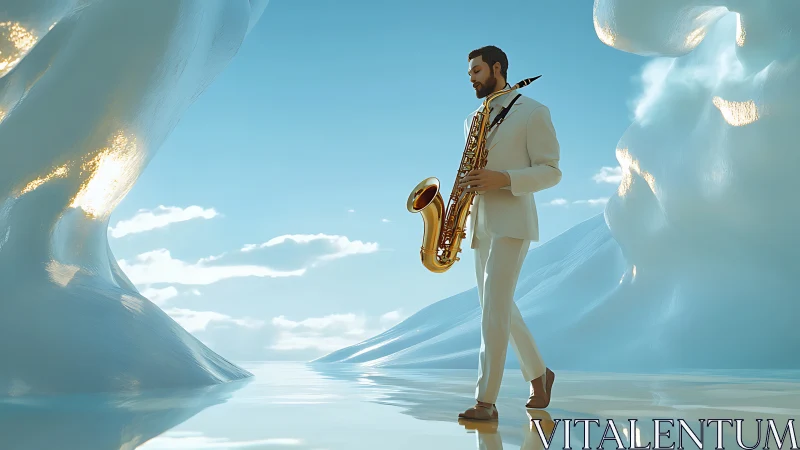 Saxophonist walks through luminous ice canyon under sky