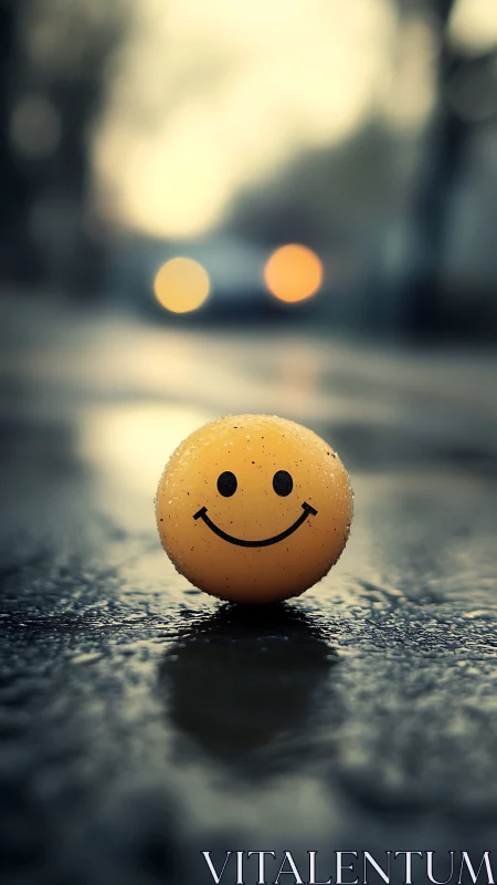 Smiley ball glows with quiet optimism on a rainy street