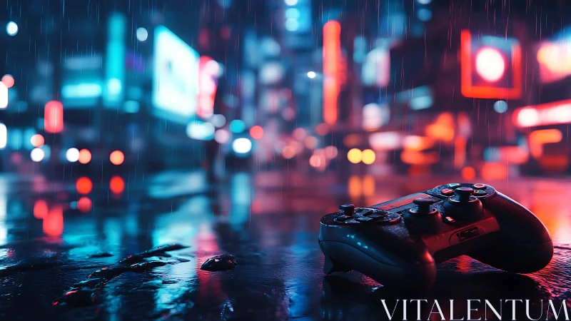 Wet game controller on neon-lit cyberpunk street at night
