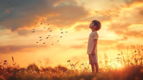 Boy standing in sunset field observing distant flying birds.