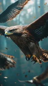 Raptor in mid-flight with extended talons in shallow forest depth