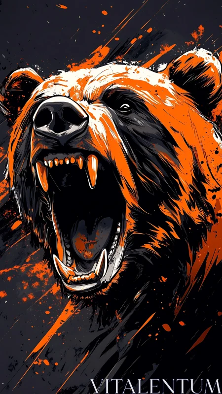 Roaring bear portrait with vivid orange splatter energy.
