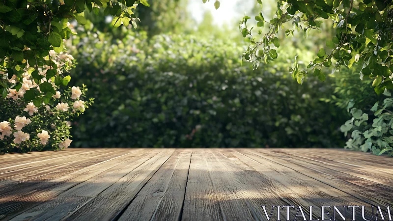 Timber deck under soft bokeh foliage canopy in morning light.