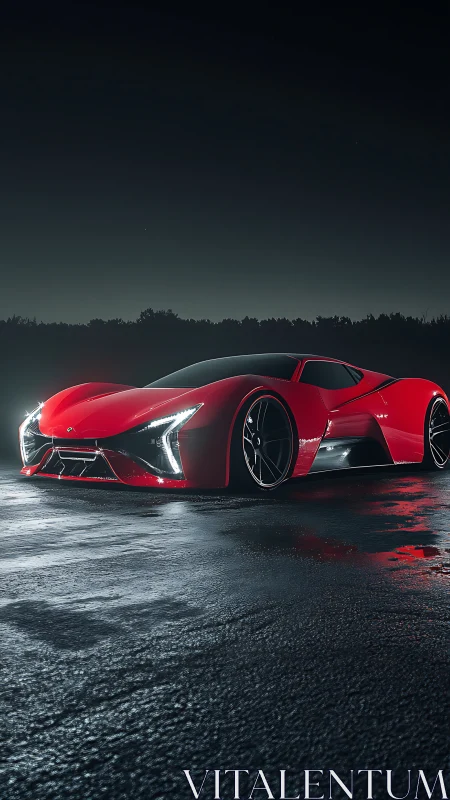 Red concept sports car is parked on wet nighttime roadway
