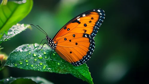Gentle orange butterfly rests quietly on a fresh green leaf