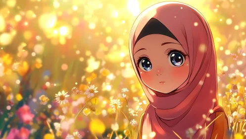 Softly lit anime girl in pink hijab amid backlit flower field
