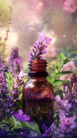 Lavender elixir bottle dreaming in a sparkling floral haze.