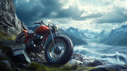 Vintage motorcycle above stormy fjord under dramatic sky.