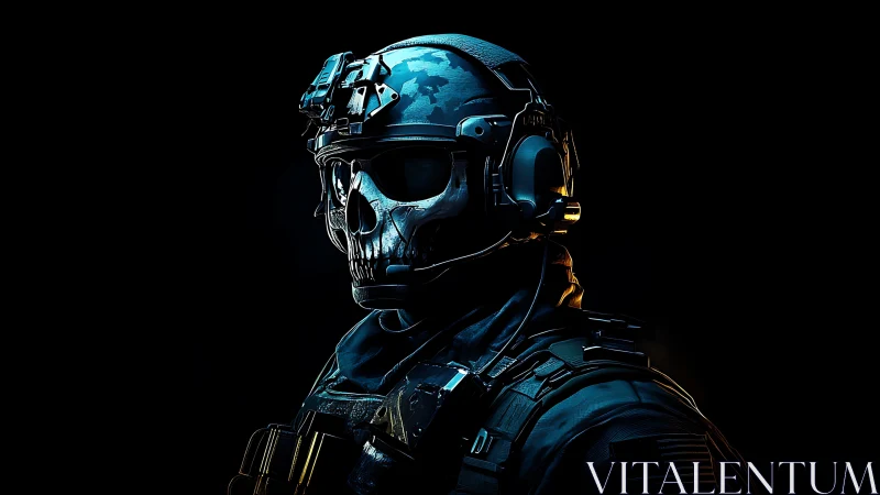 Tactical skull-masked operator in low key blue rim lighting