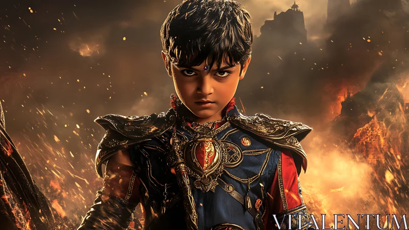 Young firelit warrior prince standing in glowing armor.