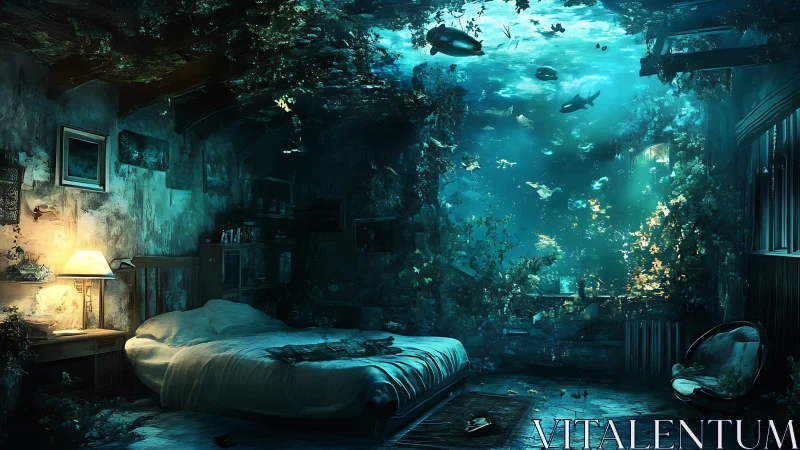 Submerged bedroom interior merging aquatic and domestic space.