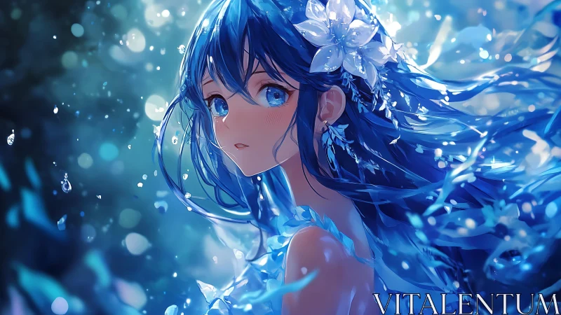 Blue haired anime girl with flowers in flowing hair.