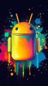 Vibrant Android robot drenched in neon paint splashes.