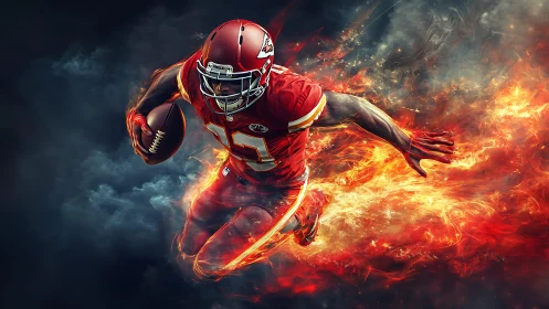Fiery football runner exploding forward with unstoppable energy.