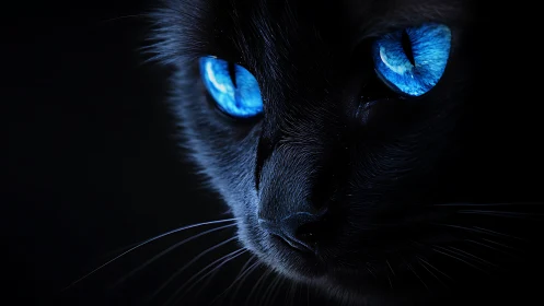 Black Cat with Luminescent Blue Eyes Against Dark Background