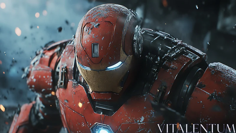 Scarred red battle armor leans into sparks and drifting smoke