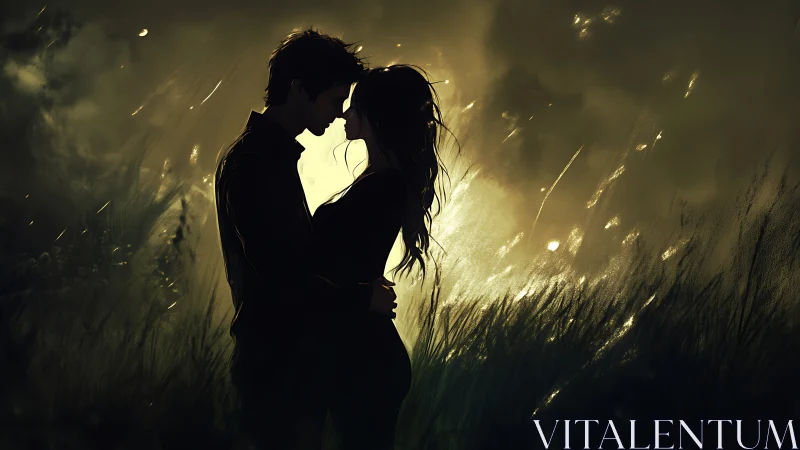 Silhouetted figures in backlighting with golden field atmosphere.