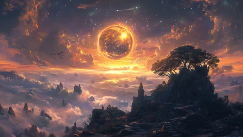 Golden sky realm with glowing sun above misty mountains.