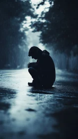 Hooded silhouette nursing rain-soaked thoughts at dusk.