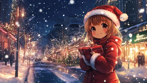 Snowlit gift bearer wandering through a cozy winter avenue.