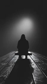Backlit hooded figure on wet wooden pier in deep foggy night
