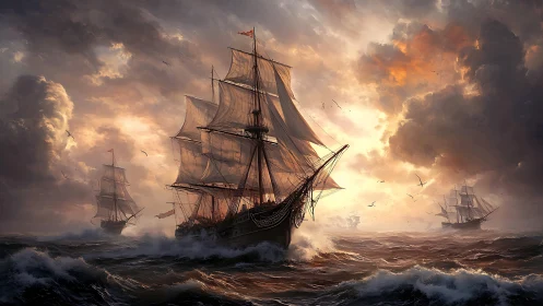 Tri-masted frigates under storm-lit sky with dynamic ocean spray