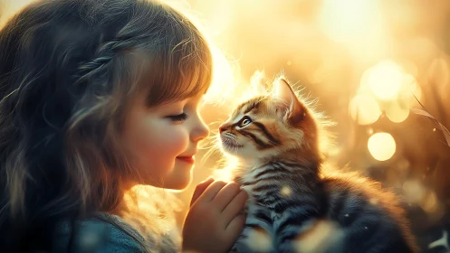 Child's Tender Moment With Kitten in Golden Sunlight