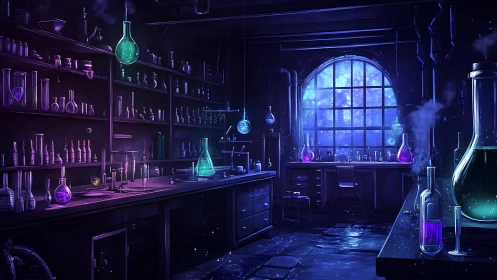 Arcane laboratory glows with neon alchemical glassware.