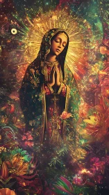 Radiant robed Madonna amid cosmic florals and golden halo.