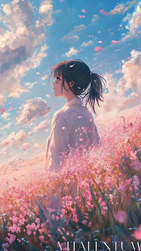 Girl in pink flower field under expansive sky at dusk.