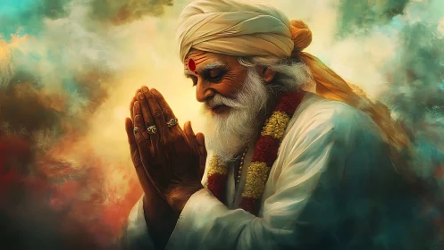 Elderly mystic in namaste pose within chromatic vapor field.