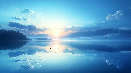 Sun rises over calm reflective lake with distant mountains