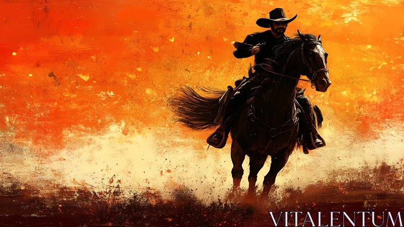 Lone rider thunders through molten sunset dust stormed sky.