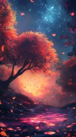 Tree-lined path under illuminated sky in stylized forest.