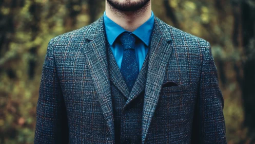 Formally Dressed Male Subject Wearing Wool Blazer in Forest Setting