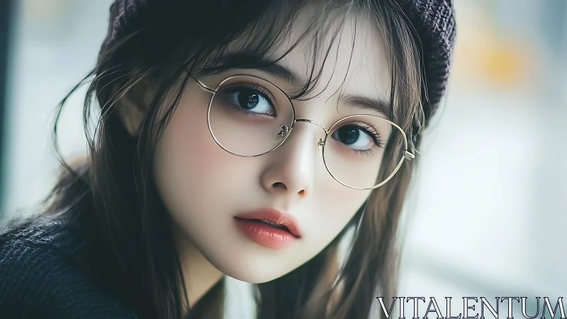 Soft gaze behind golden frames in rainy-window hush.