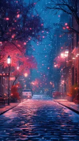 Neon dusk city street under glowing cherry snowfalls.