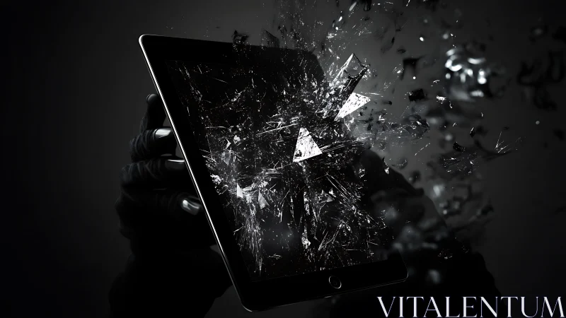 Shattered touchscreen tablet with dynamic glass particle explosion