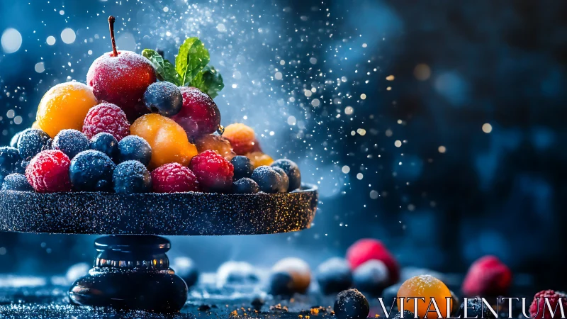 Mixed fresh berries and stone fruits on dark pedestal platter.