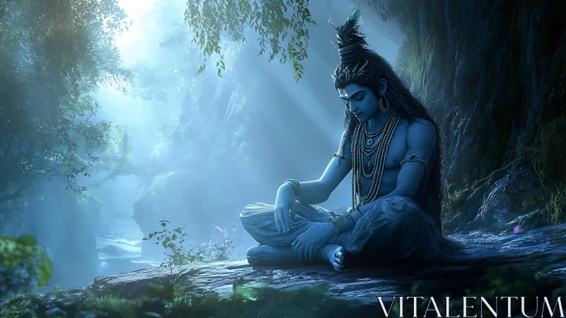 Blue-skinned figure in meditative pose within forest glade.