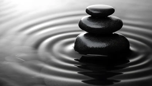 Stacked wet stones in concentric water ripples at center.