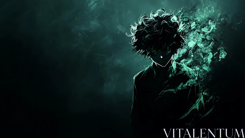 Shadowed figure dissolves into teal particulate energy field