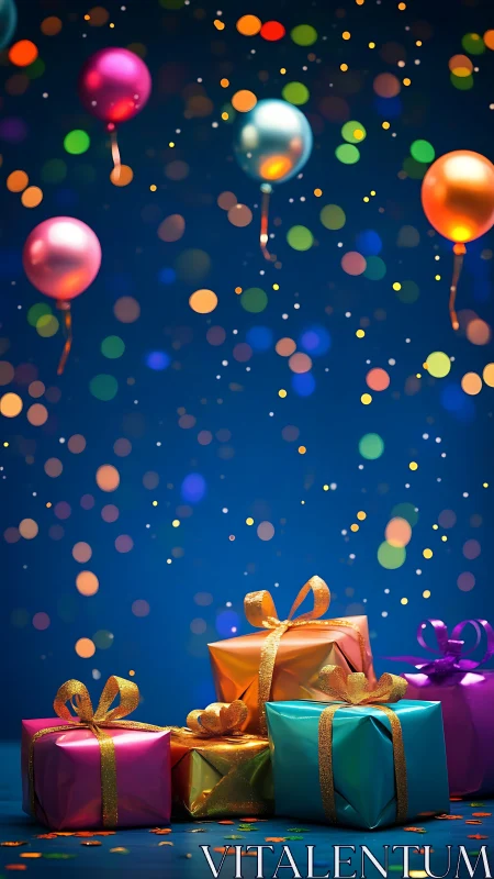 Colorful gift boxes with balloons floating against dark blue background