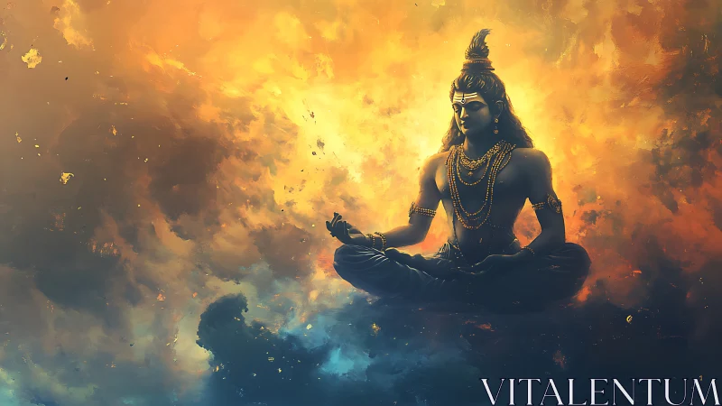 Serene cosmic yogi floats in glowing clouds of golden light