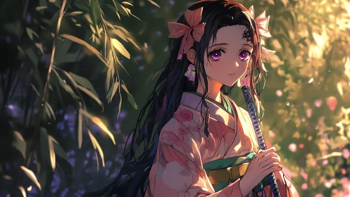 Kimono girl with flute under glowing forest light.