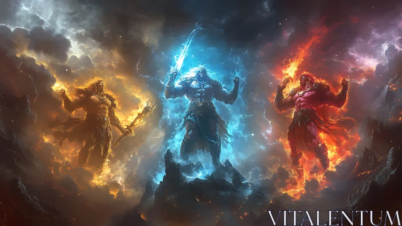 Elemental warrior trio glowing with fire, storm, and lightning.