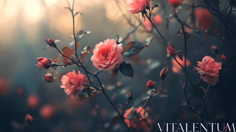 Soft Focus Garden: Coral Roses in Atmospheric Bloom Sequence.