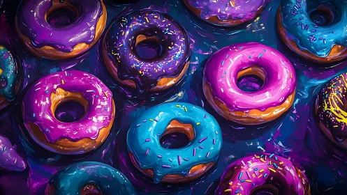Vibrant neon glazed donuts in saturated digital brushwork.